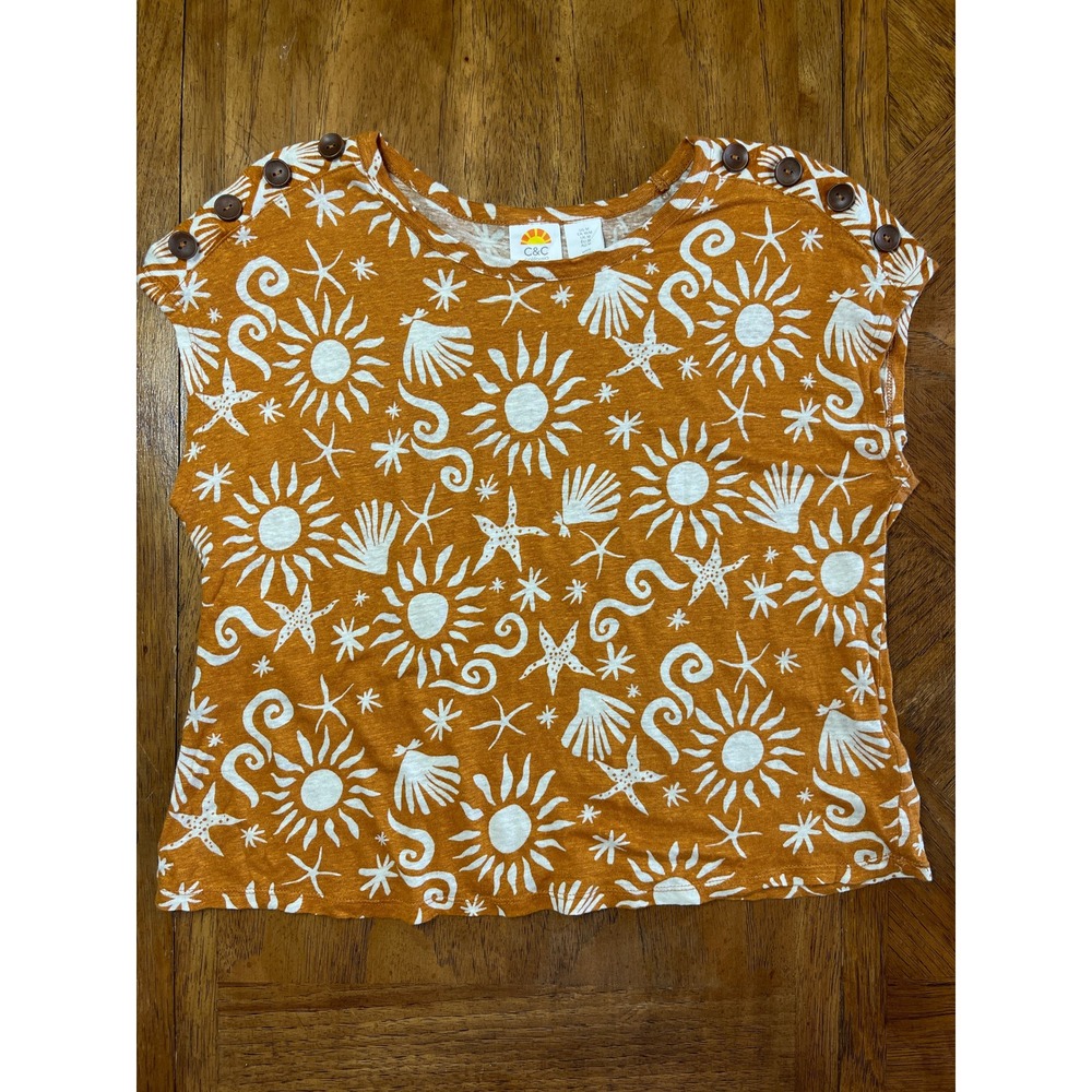 C&C California Top Orange 100% Linen Sun Starfish Nautical Button Shoulder M